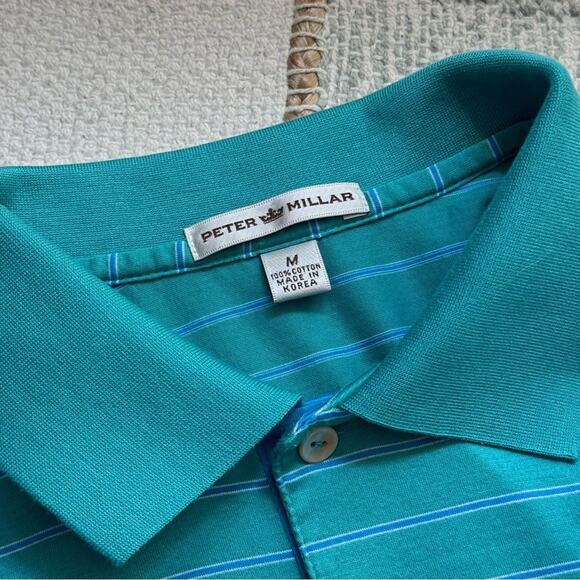 Peter Millar Green Blue Striped Short Sleeve Pullover Golf Polo Men’s Medium - Picture 6 of 6
